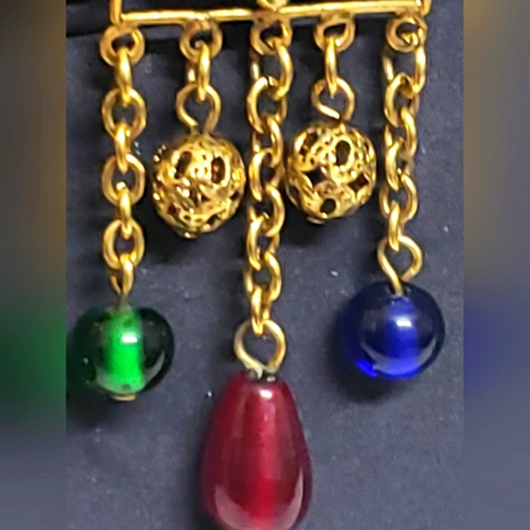 Antique Long Pretty Blue, Red, Green Cabochon Drop Dangle Beaded Earrings Matte. - Picture 4 of 8